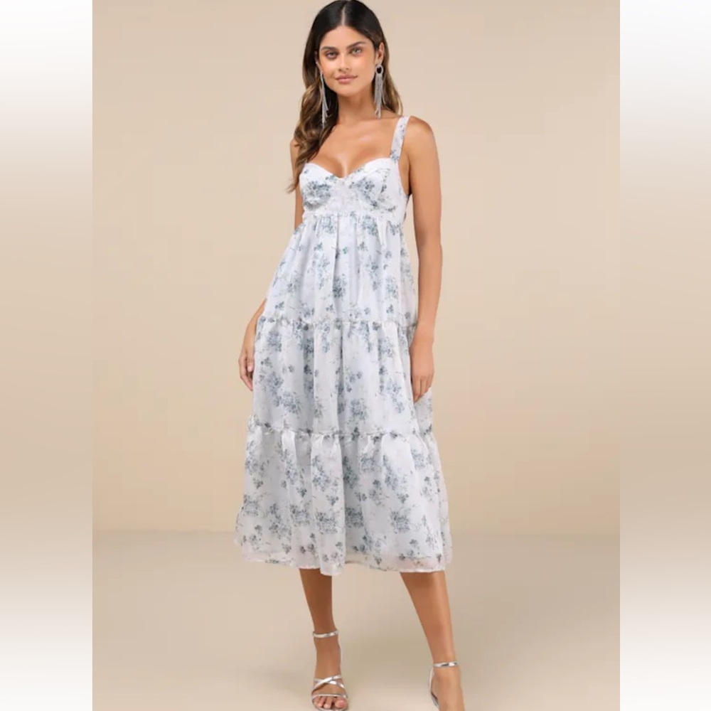 Lulus Marvelously Darling Light Blue Floral Tiered Backless Midi Dress - Size M